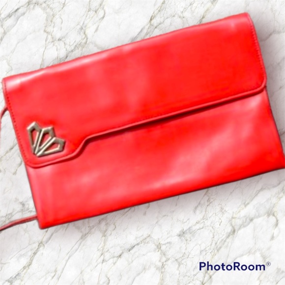 VTG 80s Red Convertible Shoulder Hand Bag Clutch Purse Built-in Compact Mirror - Picture 4 of 16